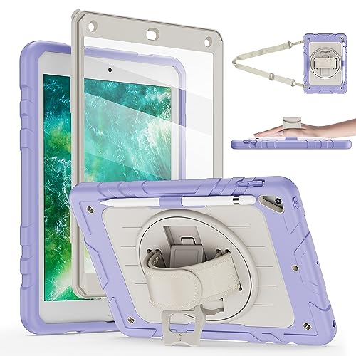 Stweap iPad 6./5th Generation Case 9.7 Zoll 2018/2017, mit eingebautem Displayschutz & 360° drehbarer Ständer/Strap Ganzkörper-Silikon+PC Durable Schutzhülle für Air 2/Pro 9.7 (lila & beige) von Stweap