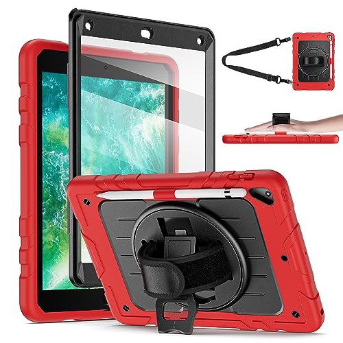 Stweap iPad 6./5th Generation Case 9.7 Zoll 2018/2017, mit integriertem Displayschutz & 360° drehbarer Ständer/Strap Ganzkörper-Silikon+PC Durable Schutzhülle für Air 2/Pro 9.7 (Rot & Schwarz) von Stweap