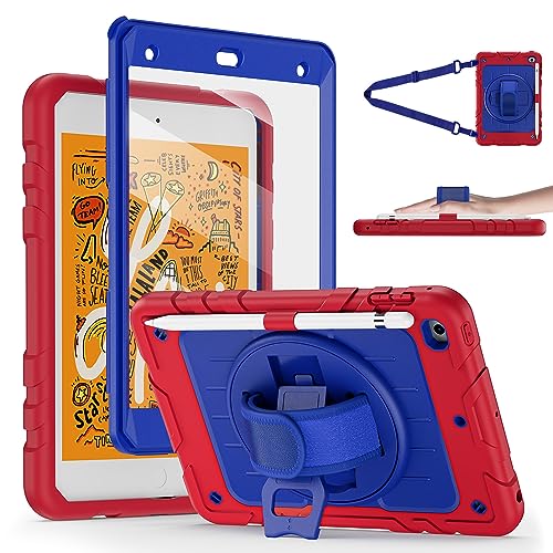 Stweap iPad Mini 5/4 Generation 7,9 Zoll Hülle mit Displayschutzfolie Stifthalter [360° drehbare Handschlaufe] & Ständer & Schultergurt Heavy Duty Stoßfest Schutzhülle für Kinder (Rot & Blau) von Stweap