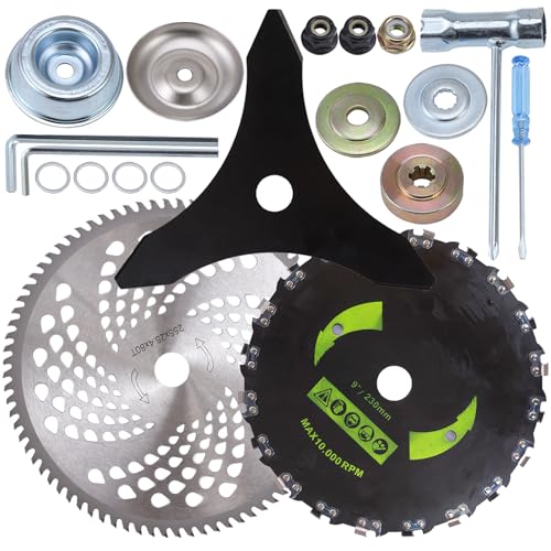22,9 cm x 20T Bürstenklingen, Karbonstahl, runde Kettensäge, 25,4 cm x 80T Hartmetallspitze, 25,4 cm x 3 Zähne, Karbonstahl-Freischneider-Klingen mit Universal-Adapter-Set, kompatibel mit Schneider 22,9 cm x 20T Bürstenklingen, Karbonstahl, runde Kettensäge, 25,4 cm x 80T Hartmetallspitze, 25,4 cm x 3 Zähne, Karbonstahl-Freischneider-Klingen mit Universal-Adapter-Set, kompatibel mit Schneider von Stylemafia