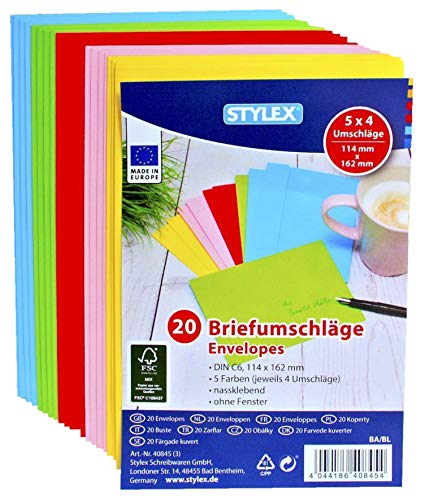 200 (10x 20Stk) farbige Briefumschläge Din C6 5 Farben von Stylex