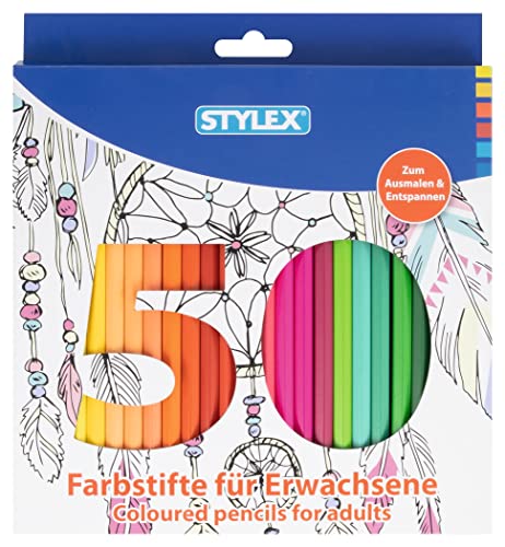 Stylex 25095 - Farbstifte, 50 verschiedene Farben, für Erwachsene, Sechskantform, zum Ausmalen und Entspannen, in Faltschachtel, 50 Stück von Stylex