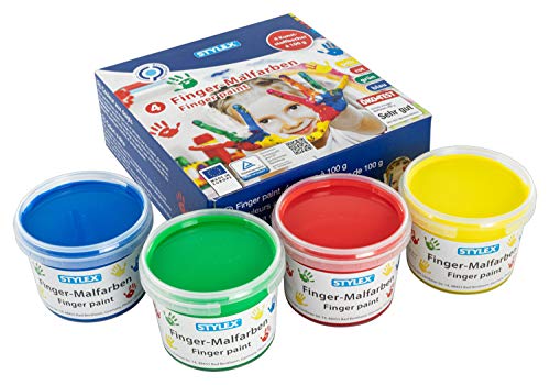 Stylex 28950 – Fingerfarben für Kinder, 4 x 100 ml, Fingermalfarben in Grün, Gelb, Blau und Rot, rückstandslos abwaschbar, für Kita, Kindergarten und Grundschule von Stylex