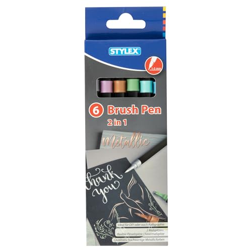 Stylex 32840 - Brush Pen 2 in 1, Filzstifte in 6 Metallic Farben mit flexibler Pinsel- und Fasermalspitze, Strichstärke 1-5 mm von Stylex