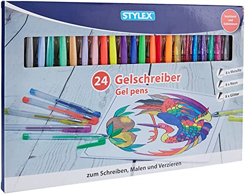 Stylex 43834 - Gelschreiber, 24 Gelstifte im Set, sortiert in 8 Metallicfarben, 8 Neonfaben und 8 Glitterfarben, zum Schreiben, Malen und Verzieren von Stylex