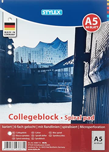 Stylex 43887-P6 - Collegeblock mit Spiralbindung, kariert, DIN A5, 80 Blatt mit 60 g/m² Grammatur, 6 Stück von Stylex