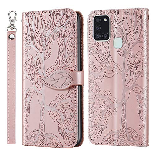 Succtopy Handyhülle für Galaxy A21S 6.5 Zoll, PU Leder Blattförmige Folio Flip Kartenpaket Schutzhülle Samsung Galaxy A21S Cover Case, Lanyard Hülle Samsung Handy A21S 6.5 Zoll, Roségold von Succtopy