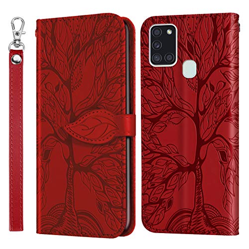 Succtopy Handyhülle für Galaxy A21S 6.5 Zoll, PU Leder Blattförmige Folio Flip Kartenpaket Schutzhülle Samsung Galaxy A21S Cover Case, Lanyard Hülle Samsung Handy A21S 6.5 Zoll, Rot von Succtopy