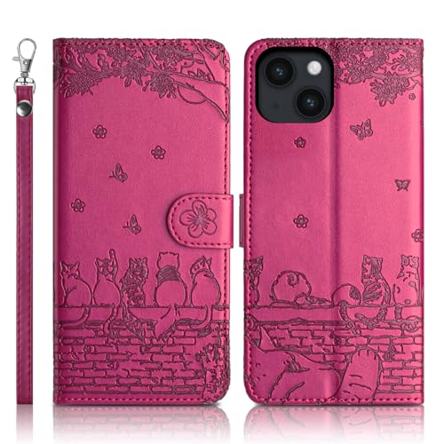 Succtopy Premium PU Lederhülle für iPhone 14 6.1 Zoll - Klappbare Flip Case Tasche Mit Magnet, Kartenfach und Standfunktion - Schutzhülle in Rosarot von Succtopy