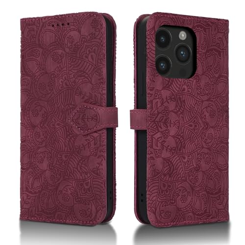 Succtopy Handyhülle für iPhone 15 Pro 5G PU Leder Hülle mit Kartenfächer und Standfunktion Klapphülle Flip Wallet Cover Case Schutzhülle Rotwein von Succtopy