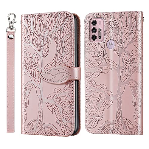 Succtopy Hülle für Motorola Moto G30/G10, PU Leder Folio Flip Handy Schutzhülle Moto G10 Klappbar Blatt Magnetisch Cover Case mit Brieftasche Handyhülle Klapphülle Motorola Moto G30, Baum Rosa von Succtopy