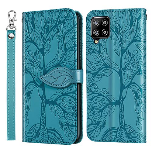 Succtopy Hülle für Samsung Galaxy A12 /M12, PU Leder Folio Flip Handy Schutzhülle Galaxy A12 Klappbar Blatt Magnetisch Cover Case mit Brieftasche Handyhülle Klapphülle Samsung M12,Baum Blau von Succtopy