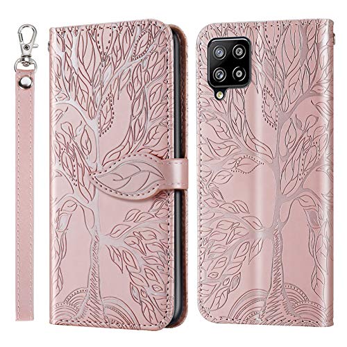 Succtopy Hülle für Samsung Galaxy A12 /M12, PU Leder Folio Flip Handy Schutzhülle Galaxy A12 Klappbar Blatt Magnetisch Cover Case mit Brieftasche Handyhülle Klapphülle Samsung M12,Baum Rosa von Succtopy