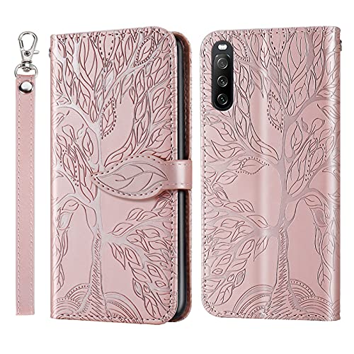 Succtopy Hülle für Sony Xperia 10 III, PU Leder Folio Flip Handy Schutzhülle Xperia 10 III Klappbar Cover Case Brieftasche Blatt Magnetisch Handyhülle Klapphülle Sony Xperia 10 III,Baum Rosa von Succtopy