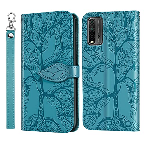 Succtopy Hülle für Xiaomi Redmi 9T, PU Leder Folio Flip Handy Schutzhülle Redmi 9T Blatt Magnetisch Standfunktion Cover Case Brieftasche Phone Handyhülle Klapphülle Xiaomi Redmi 9t, Baum Blau von Succtopy