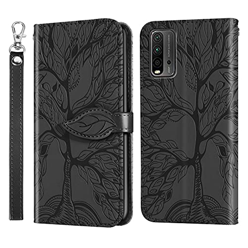 Succtopy Hülle für Xiaomi Redmi 9T, PU Leder Folio Flip Handy Schutzhülle Redmi 9T Blatt Magnetisch Standfunktion Cover Case Brieftasche Phone Handyhülle Klapphülle Xiaomi Redmi 9t, Baum Schwarz von Succtopy