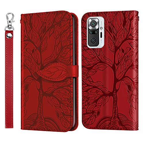 Succtopy Hülle für Xiaomi Redmi Note 10 Pro PU Leder Folio Flip Handy Schutzhülle Redmi Note 10 Pro Blatt Magnetisch Klappbar Brieftasche Cover Case Klapphülle Xiaomi Redmi Note 10 Pro,Baum Rot von Succtopy