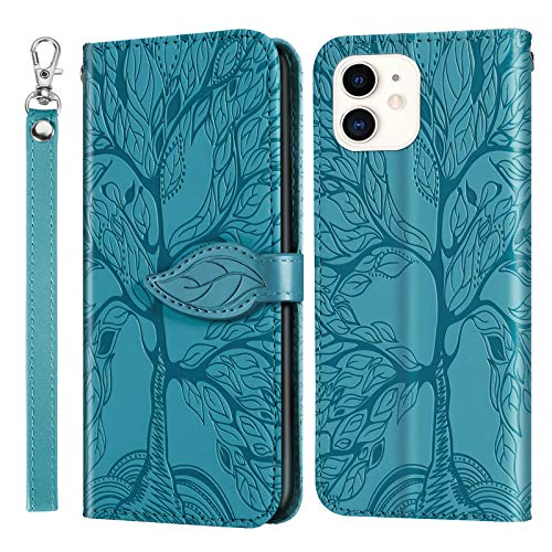 Succtopy Hülle für iPhone 13 Mini, PU Leder Folio Flip Handy Schutzhülle iPhone 13 Mini Klappbar Blatt Magnetisch Cover Case mit Brieftasche Band Handyhülle Klapphülle iPhone 13 Mini, Baum Blau von Succtopy