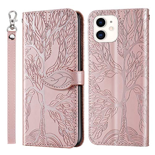 Succtopy Hülle für iPhone 13 Mini, PU Leder Folio Flip Handy Schutzhülle iPhone 13 Mini Klappbar Blatt Magnetisch Cover Case mit Brieftasche Band Handyhülle Klapphülle iPhone 13 Mini, Baum Rosa von Succtopy
