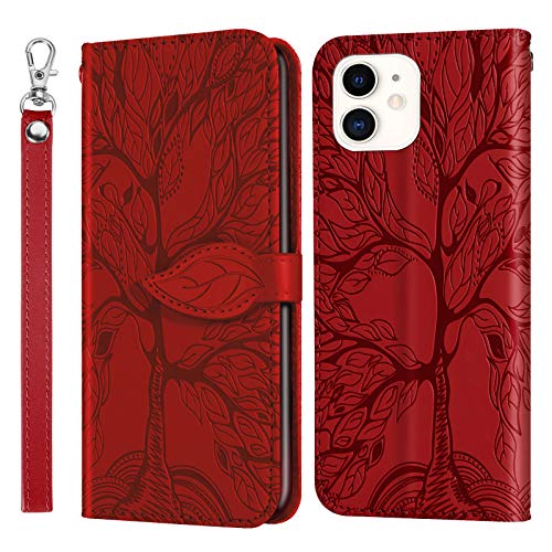 Succtopy Hülle für iPhone 13 Pro, PU Leder Folio Flip Handy Schutzhülle iPhone 13 Pro Klappbar Blatt Magnetisch Cover Case mit Band Handyhülle Klapphülle iPhone 13 Pro, Baum Rot von Succtopy