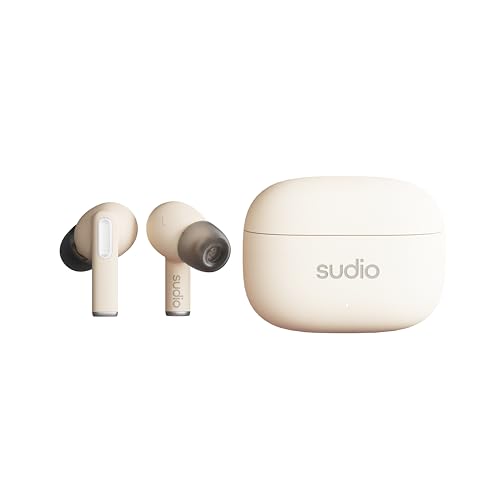 Sudio A1Pro Sand, InEar Ohrhörer mit Bluetooth, Touch Control mit kompakter kabelloser Ladeschale, IPX4 geschützt, Active Noise Cancellation, mit integriertem Mikrofon, Premium Crystal Sound von Sudio