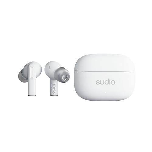 Sudio A1Pro Snow White, InEar Ohrhörer mit Bluetooth, Touch Control mit kompakter kabelloser Ladeschale, IPX4 geschützt, Active Noise Cancellation, mit integriertem Mikrofon, Premium Crystal Sound von Sudio