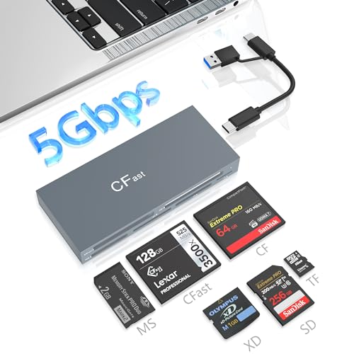 6-in-1 CFast-Kartenleser, USB 3.2 10 Gbit/s CFast 2.0-Kartenleser für CFast/SD/TF/MS/XD/CF, CFast-Leser USB C + USB A Sony Memory Stick Pro Duo-Adapter. Lesen Sie 6 Karten gleichzeitig von Suejezt