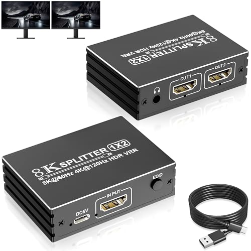 8K@60Hz HDMI 2.1 Splitter 1 in 2 Out, 1x2 HDMI Splitter 1 zu 2 unterstützt 1 HDMI-Quelle auf 2 Displays, 8K 4K HDMI Splitter Dual Monitore duplizieren Ultra HD HDR VRR für Xbox PS5/4/3 Roku TV von Suejezt