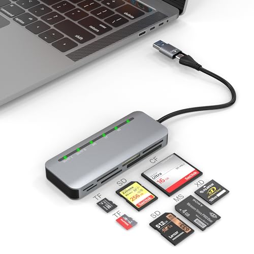 USB C USB 3.0 Multi-Kartenleser, 7-in-2 SD-Kartenleser für SD SDXC SDHC/TF/CF CFI/XD/MS MMC mit USB C/USB3.0-Adapter, 5 Gbit/s Dual Ports Kartenleser kompatibel mit Windows/Mac/Linux/Android von Suejezt