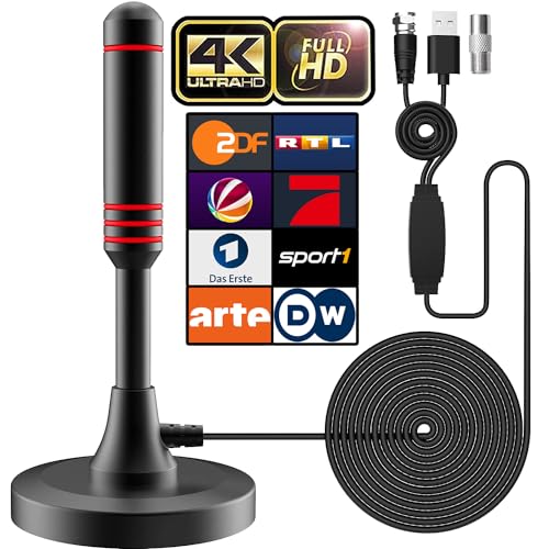 DVB-T/DVB-T2 Antenne mit Verstärker - HDTV Zimmerantenne für Fernseher, Großer Reichweite und 360° Empfang, Mit Magnetfuß - 5 Meter Kabel, Unterstützt 4K HD-Kanäle & Alle TV-Geräte DVB-T/DVB-T2 Antenne mit Verstärker - HDTV Zimmerantenne für Fernseher, Großer Reichweite und 360° Empfang, Mit Magnetfuß - 5 Meter Kabel, Unterstützt 4K HD-Kanäle & Alle TV-Geräte von Sufubyte