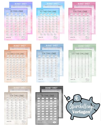 Sugeru 24pcs Budget Planner Deutsch-A6,Sparchallenge Budgetplaner,Budget Planner Zubehör,Spar Challenge mit 2€, 5€, 10€, 20€, 50€, Kleingeld, 52 TAGE, 100 TAGE,8 Farben Sparchallenges(Schweinchen) von Sugeru