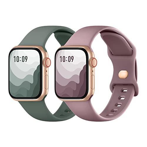 Suitisbest 2er Stück Armband Kompatibel mit Apple Watch Armband 42mm 44mm 45mm 49mm, Silikon Armbänder mit Druckverschluss für Apple Watch 9 8 SE 7 6 5 4 3 2 1 Ultra, Kiefergrün/Rauchlila von Suitisbest