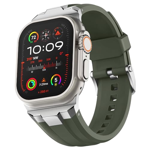 Suitisbest Armband Kompatibel mit Apple Watch Ultra 2 / Ultra 49mm, Serie 9/8/7 45mm, Serie SE/6/5/4 44mm und Serie 3/2/1 42mm, Armeegrün (Silbernes Metall) von Suitisbest