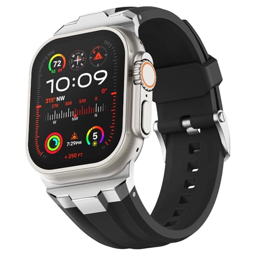 Suitisbest Armband Kompatibel mit Apple Watch Ultra 2 / Ultra 49mm, Serie 9/8/7 45mm, Serie SE2/6/SE/5/4 44mm und Serie 3/2/1 42mm, Schwarz (Silbernes Metall) von Suitisbest