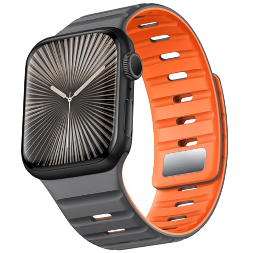 Suitisbest Magnetisches Armband Kompatibel mit Apple Watch 41mm 40mm 38mm 42mm(S10), Silikon Solo Loop Band für Apple Watch SE Series 10 9 8 7 6 5 4 3, Grau Orange von Suitisbest