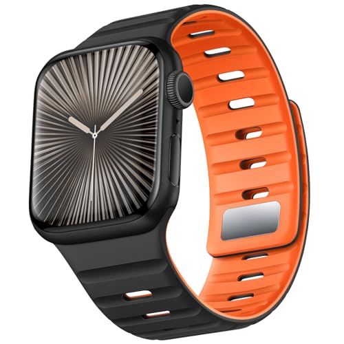 Suitisbest Magnetisches Armband Kompatibel mit Apple Watch 49mm 46mm 45mm 44mm 42mm, Silikon Solo Loop Band für iWatch Ultra 2 Ultra SE Series 10 9 8 7 6 5 4 3, Schwarz Orange von Suitisbest
