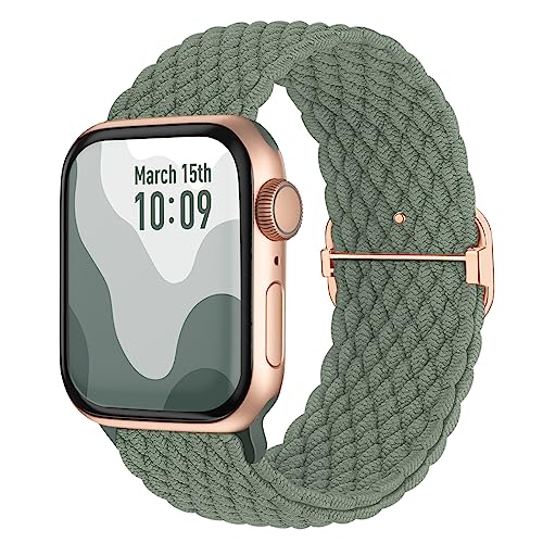 Suitisbest Nylon Armband Kompatibel mit Apple Watch 38mm 40mm 41mm, Rutschfestes Geflochtenes Elastisches Dehnbares Band für Apple Watch 9 8 SE 7 6 5 4 3 2 1, Altgrün von Suitisbest