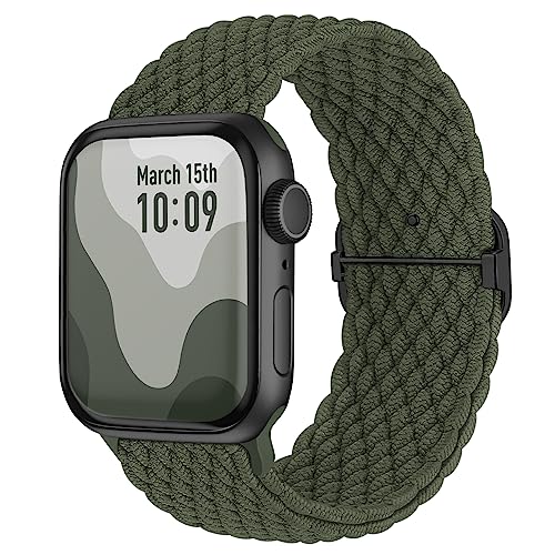 Suitisbest Nylon Armband Kompatibel mit Apple Watch 38mm 40mm 41mm, Rutschfestes Geflochtenes Elastisches Dehnbares Band für Apple Watch 9 8 SE 7 6 5 4 3 2 1, Armeegrün von Suitisbest