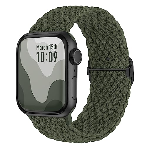 Suitisbest Nylon Armband Kompatibel mit Apple Watch 42mm 44mm 45mm 49mm, Rutschfestes Geflochtenes Elastisches Dehnbares Band für Apple Watch 9 8 SE 7 6 5 4 3 2 1, Armeegrün von Suitisbest