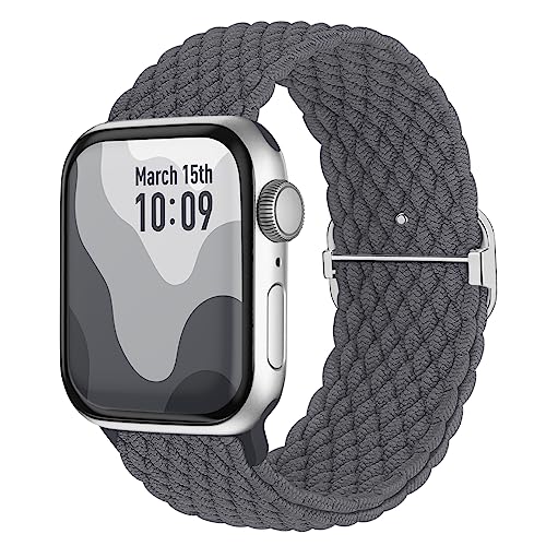 Suitisbest Nylon Armband Kompatibel mit Apple Watch 42mm 44mm 45mm 49mm, Rutschfestes Geflochtenes Elastisches Dehnbares Band für Apple Watch 9 8 SE 7 6 5 4 3 2 1, Grau von Suitisbest