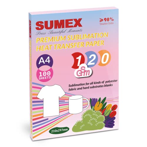 Sumex Sublimationspapier A4 210×297mm 100 Blätter 120g/m² Sublimationspapier Kompatibel mit Tintenstrahldrucker von Sumex