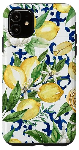 Hülle für iPhone 11 Amalfi Zitronenblüte Aquarell Zitrus & Blau Fliesenmuster Hülle für iPhone 11 Amalfi Zitronenblüte Aquarell Zitrus & Blau Fliesenmuster von Summer by Vine Mercantile