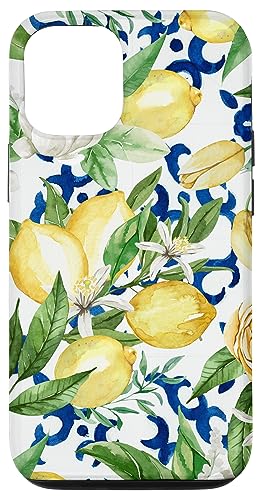 Hülle für iPhone 12/12 Pro Amalfi Zitronenblüte Aquarell Zitrus & Blau Fliesenmuster von Summer by Vine Mercantile