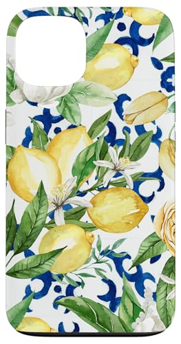 Hülle für iPhone 13 Amalfi Zitronenblüte Aquarell Zitrus & Blau Fliesenmuster von Summer by Vine Mercantile