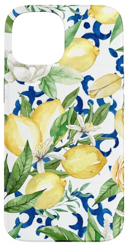 Hülle für iPhone 15 Amalfi Zitronenblüte Aquarell Zitrus & Blau Fliesenmuster von Summer by Vine Mercantile
