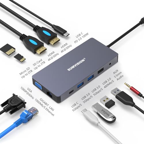 SUMVISION USB-C-Hub-Dockingstation, 100 W (12-in-1), 4K-HDMI-Adapter, Splitter, Dual-Dreifach-Monitore, Dockingstationen, Audio, Gigabit-LAN-Kartenleser für iPad, iPhone, Samsung, DEX und mehr von Sumvision
