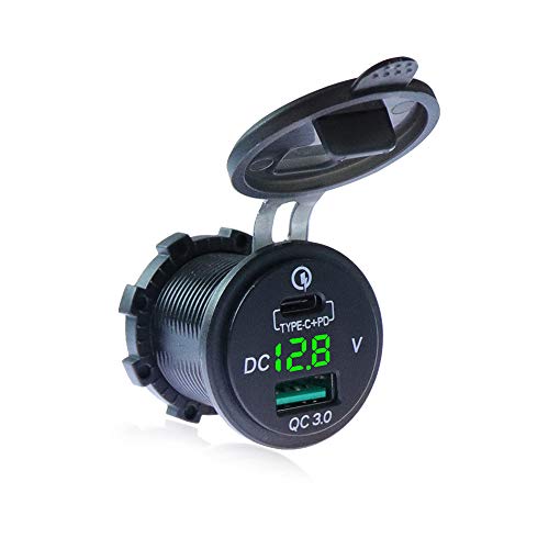 Grün LED Voltmeter für 12V~24V KFZ Boot Motorrad SUV Bus LKW Wohnwagen Marine QC 3.0, PD Type C KFZ Ladegerät mit LED Voltmeter Auto USB Steckdose mit QC 3.0 USB Buchse Wasserdicht und Staubdicht von Sun3Drucker