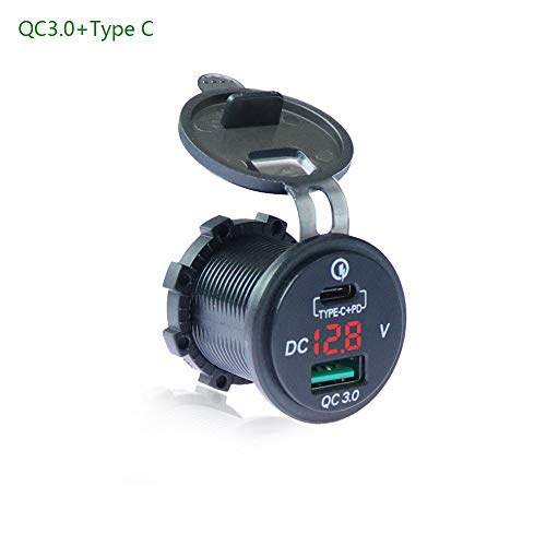 Rot LED Voltmeter für 12V~24V KFZ Boot Motorrad SUV Bus LKW Wohnwagen Marine QC 3.0, PD Type C KFZ Ladegerät mit LED Voltmeter Auto USB Steckdose mit QC 3.0 USB Buchse Wasserdicht und Staubdicht von Sun3Drucker