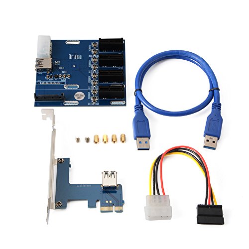 Sun3Drucker PCI-E Express 1X 1 to 4 Port Switch Multiplier Expansion Hub Riser Card + 4 Pin SATA Power Connector + USB 3.0 Cable von Sun3Drucker