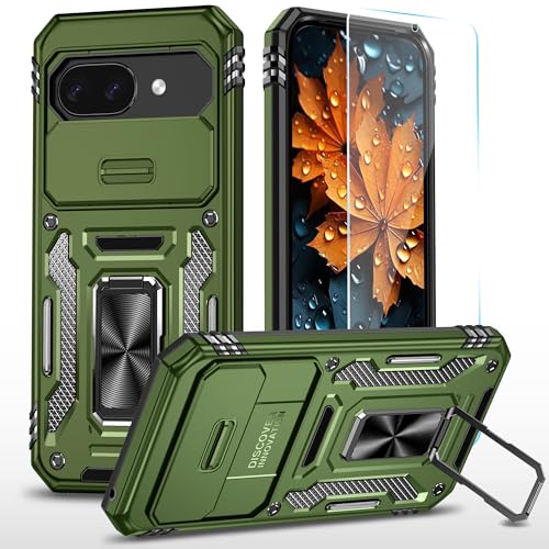 SunStory Handyhülle für Google Pixel 9A, mit HD-Displayschutzfolie, Schiebe-Kamera-Abdeckung und drehbarem Ringständer, [Militärqualität] Handyhülle für Google Pixel 9A, Z_OliveGreen von SunStory